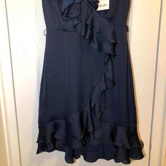 Bardot Satin Layered Frill Ruffle Faux Mini Wrap Mini Dress Navy Size 6/S NWT - Picture 4 of 10